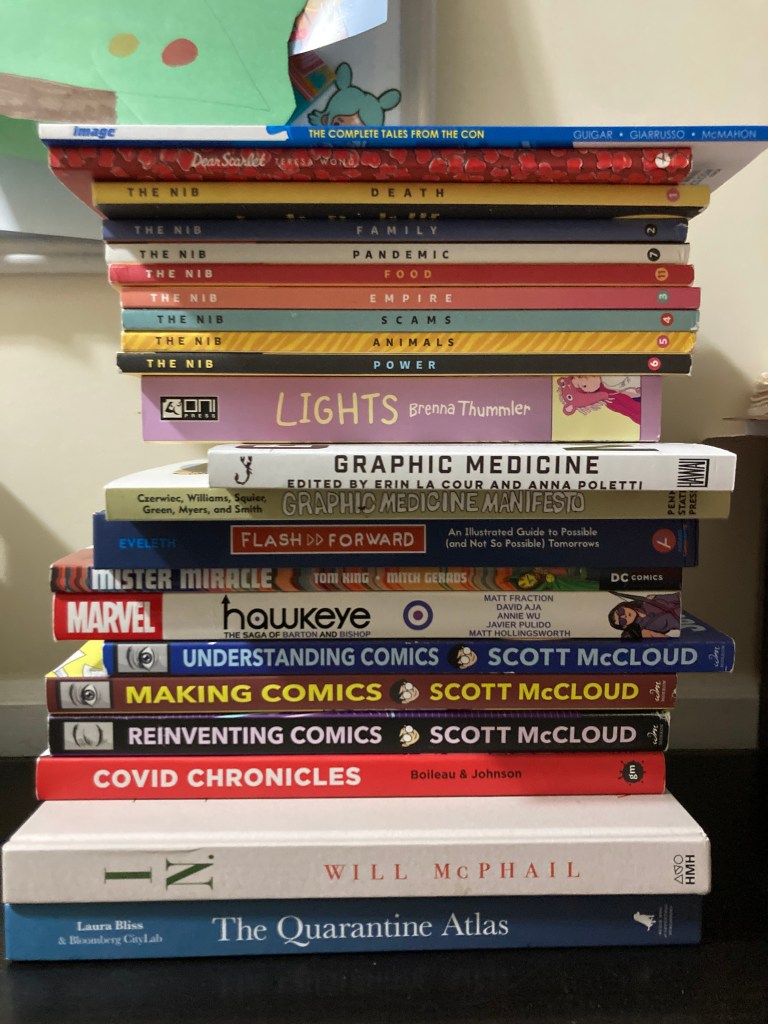 Stack of graphic novels and other comics